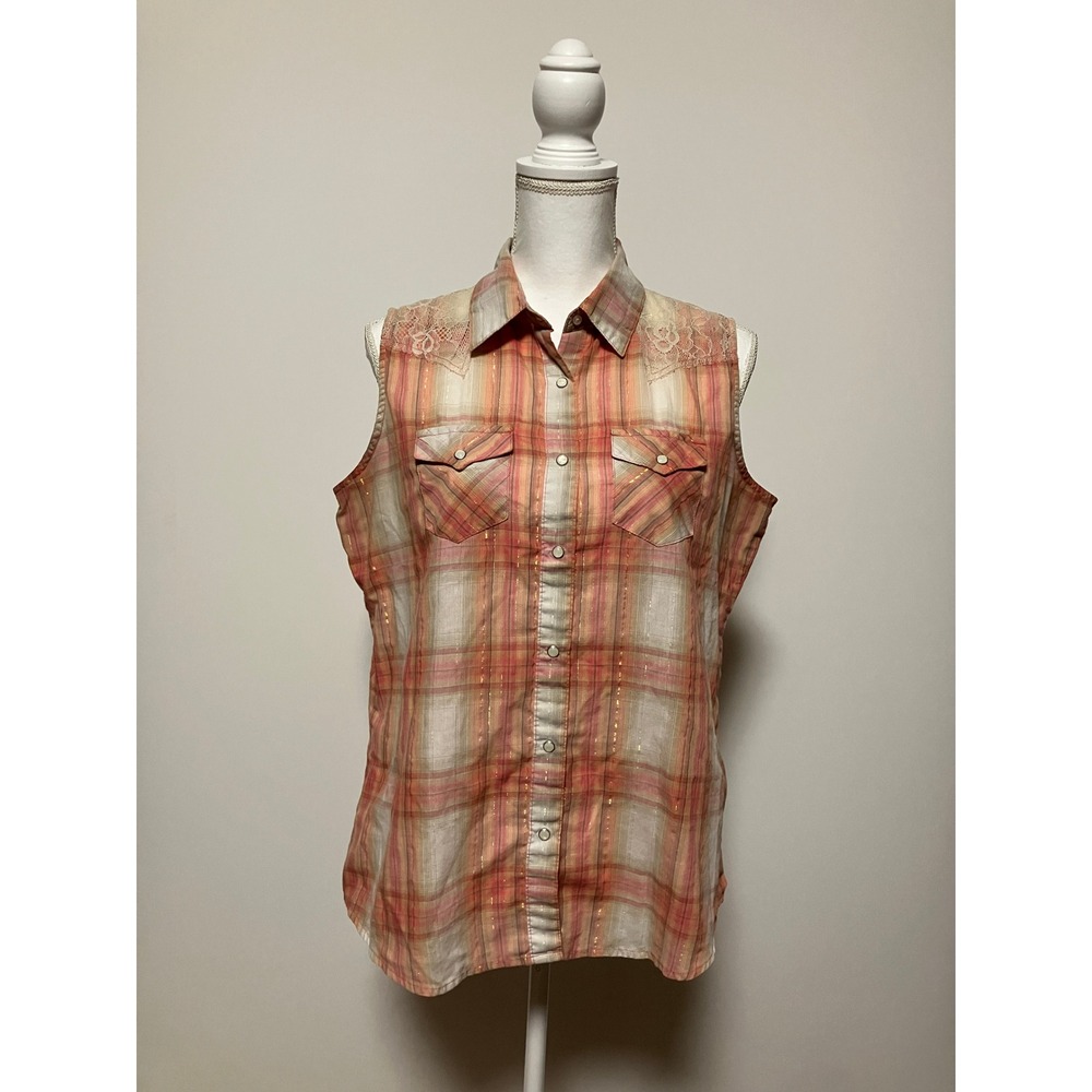 Wrangler Women Wrancher Sleeveless Western Shirt L Pink Plaid Lace Yoke LWR1469